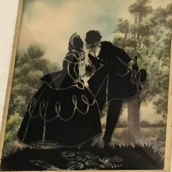 Set of vintage Convex Glass Reverse painted Silhouette Pictures Victorian scenes - Picture 13 of 16